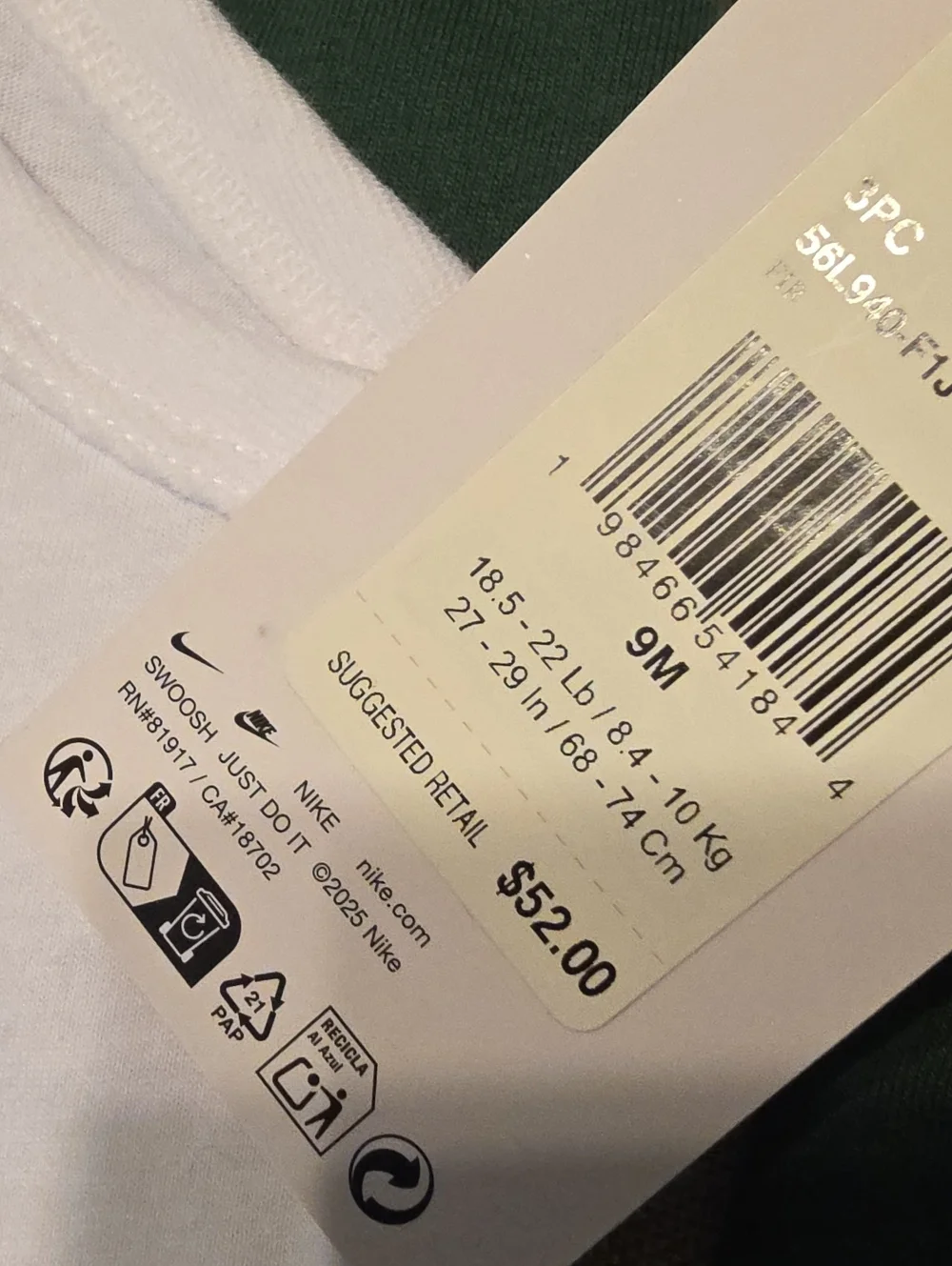 Nike White & Forest Green Baby One-Piece with Matching Pants